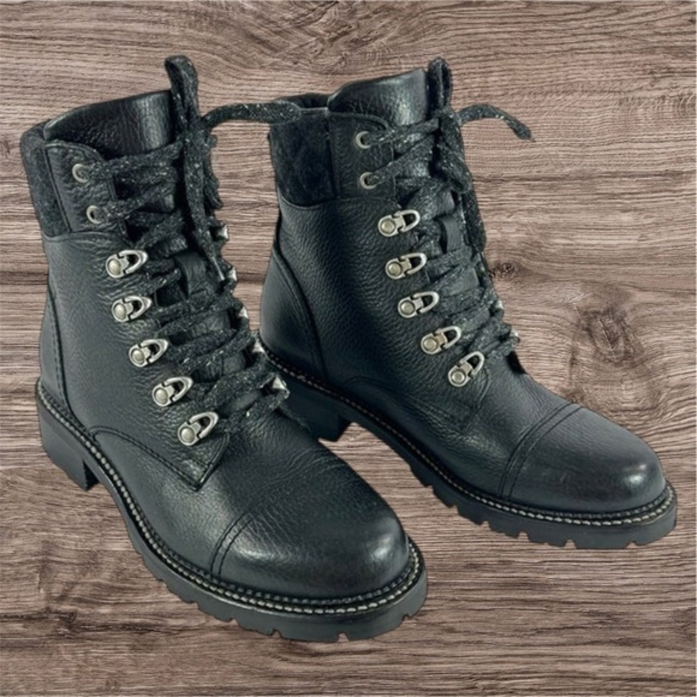 ✨NEW In BOX FRYE Samantha Hiker Black Leather Lace-up Lug Sole 8.5 boots - Picture 7 of 9